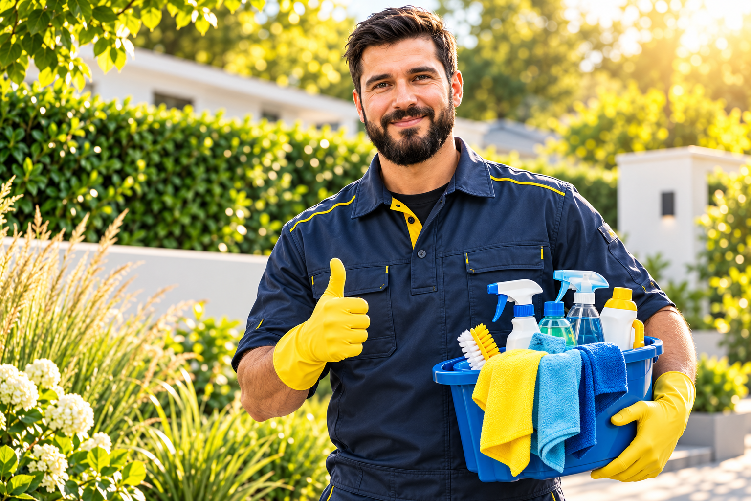 Markenillustration: freundlicher NFG-Service-Mitarbeiter mit Reinigungsmitteln vor einem grünen Garten